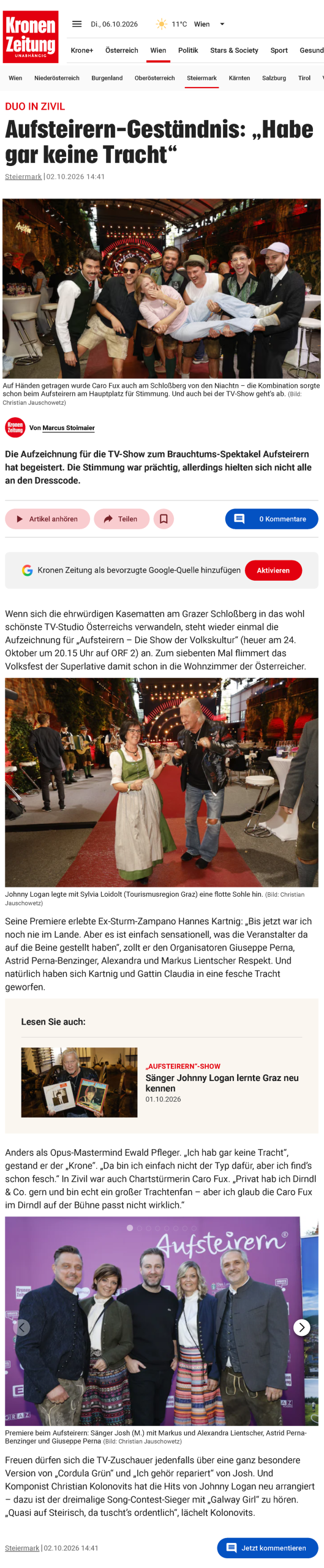 presse-kronen-zeitung-02102026 Press, Austria, Kronen Zeitung, 6th of October 2026: "DUO IN ZIVIL Aufsteirern-Geständnis: „Habe gar keine Tracht"" by Marcus Stoimaier
